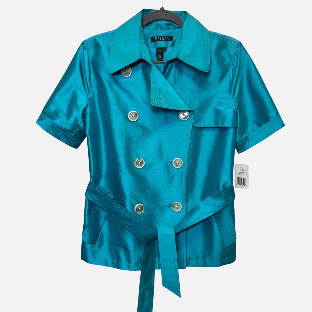 Lauren Ralph Lauren Womens Silk Trench Jacket 4 Turquoise Short Sleeve Luxe